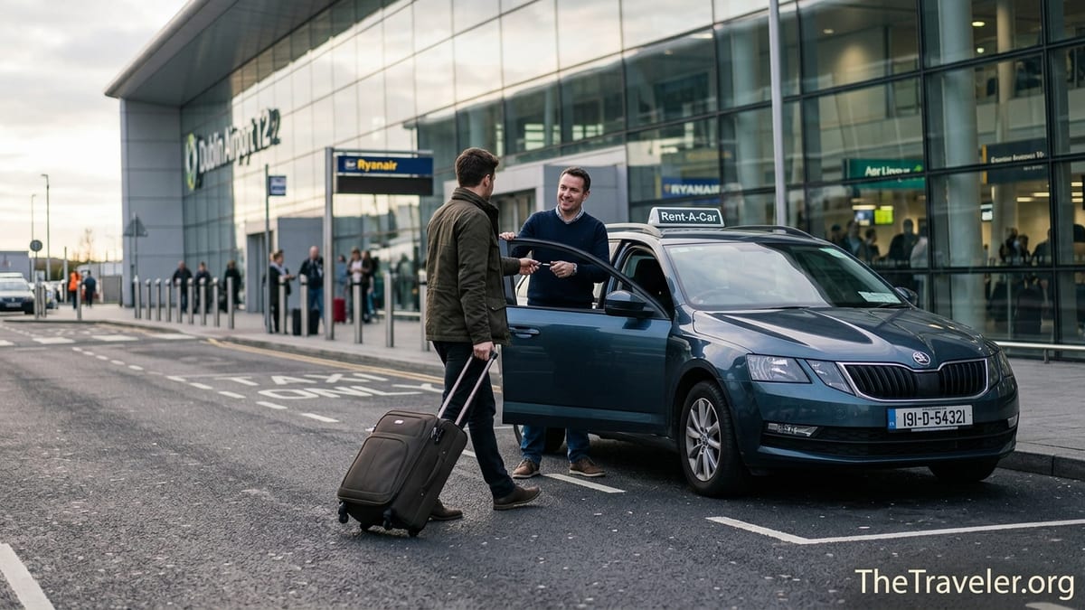 Traveler meets a local car owner for a rental handover outside a modern airport.