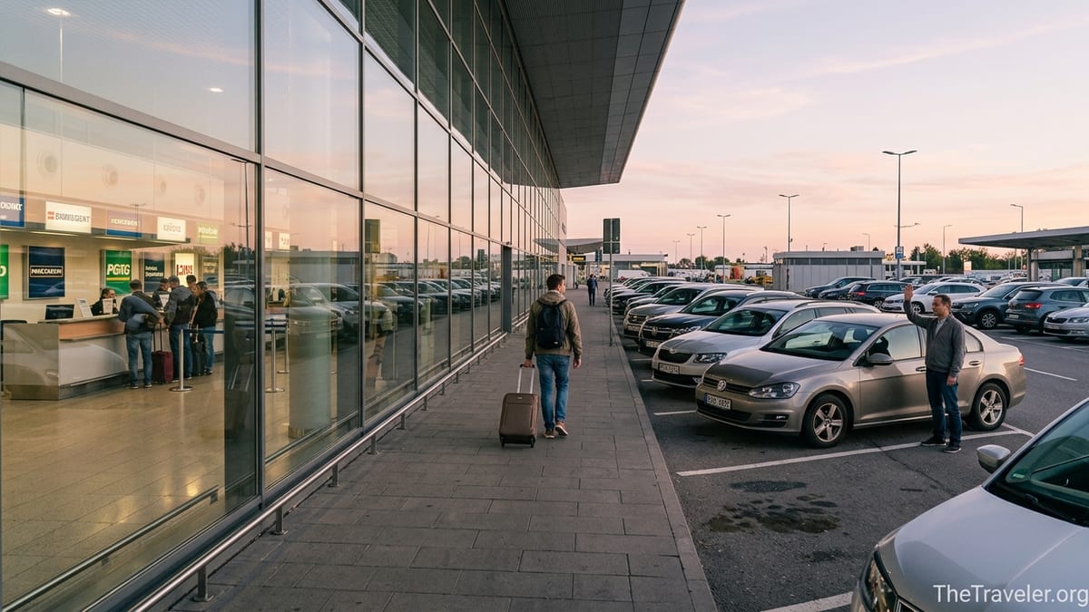 Traveler walking toward rental cars at an airport, choosing between a rental desk and a local host.