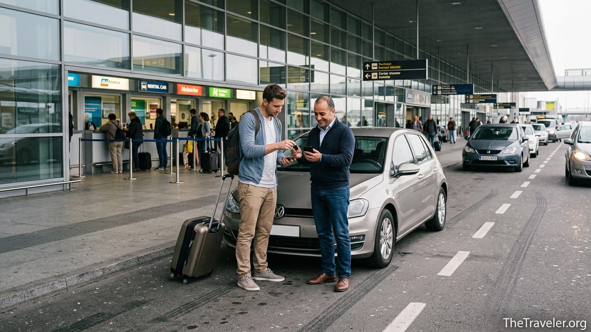 Traveler returning a rental car to a local owner outside a busy airport terminal.