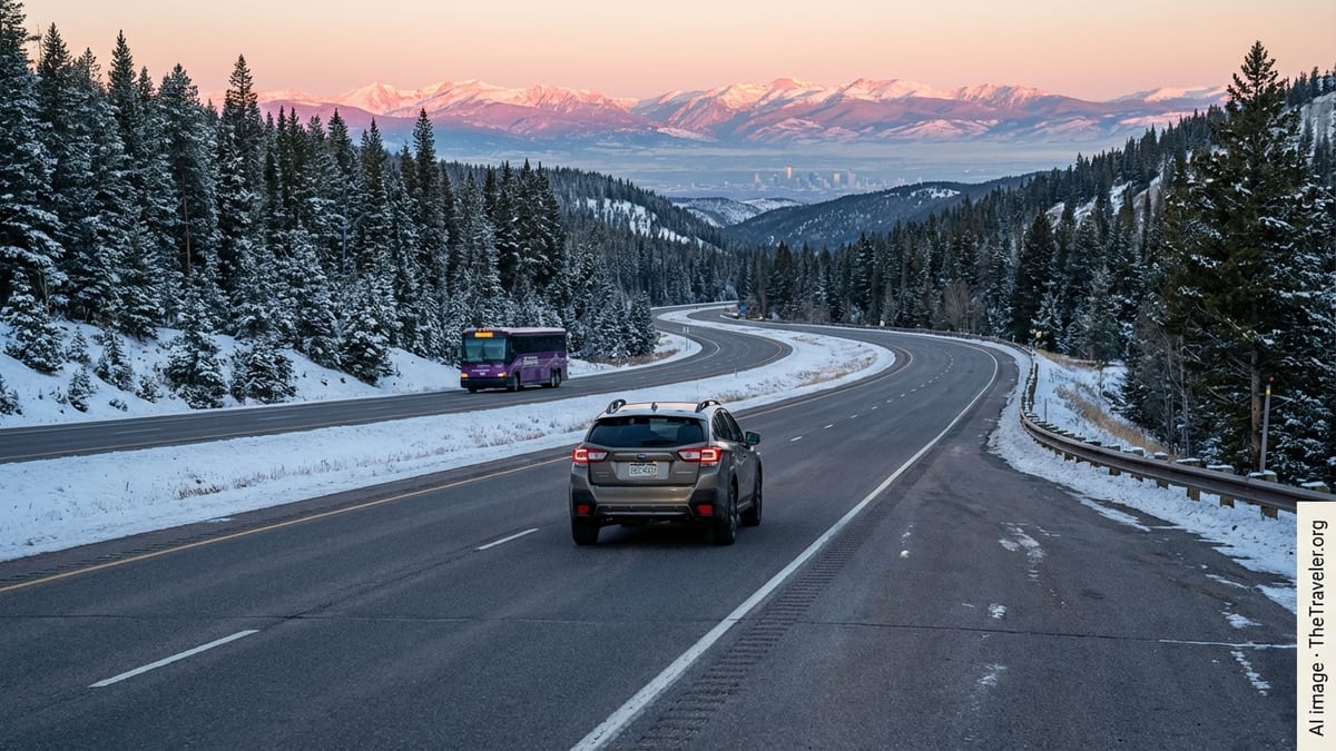 Car and bus on a Colorado mountain highway at sunrise with snowy peaks.