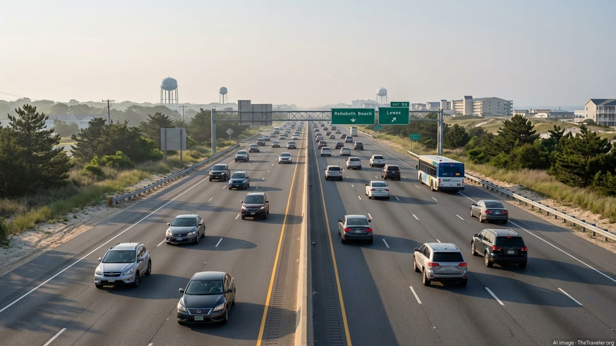 Traffic and a DART bus on Delaware Route 1 near the coast on a clear afternoon