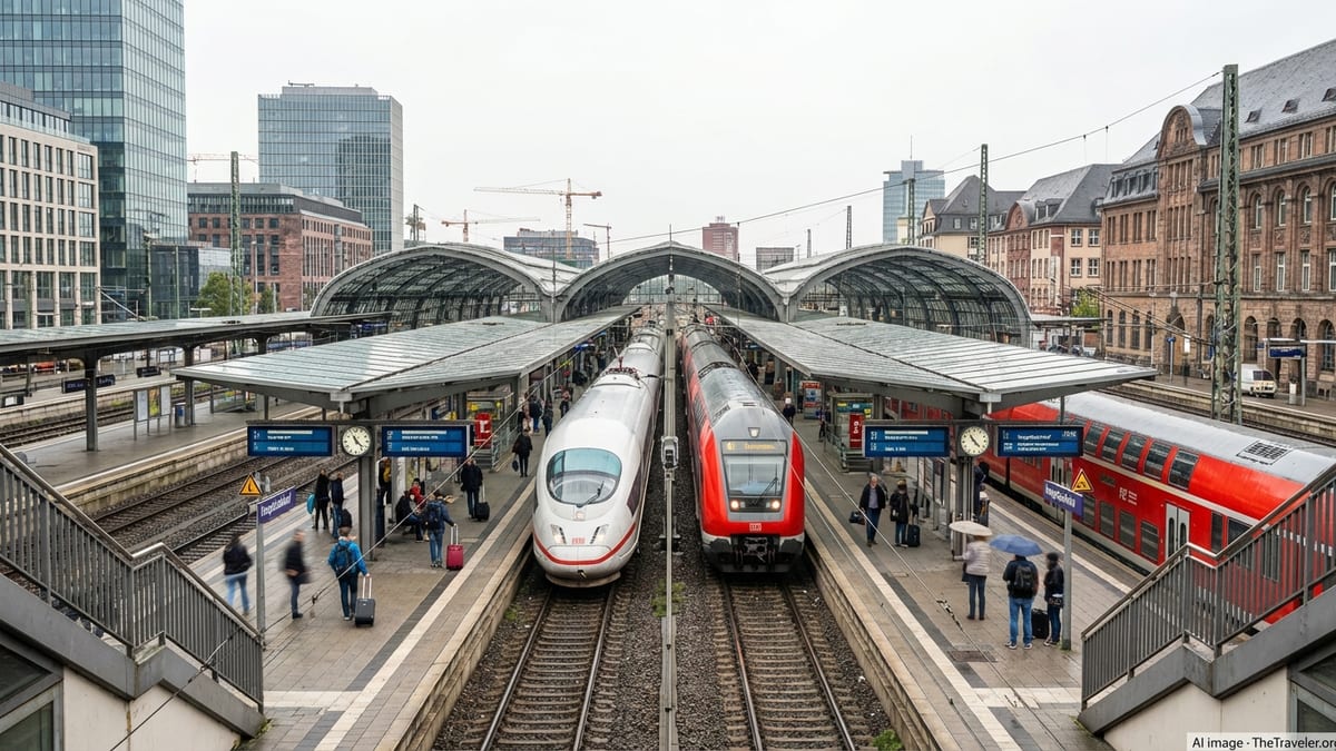 ICE and regional trains at a busy German city station with travelers on the platforms.