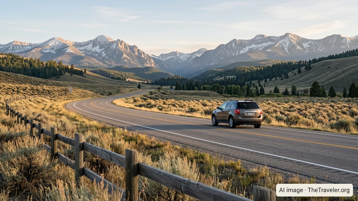 Car driving along a two-lane Idaho highway toward distant snow-dusted mountains at late afternoon.