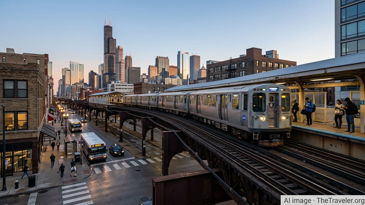 CTA train passing through downtown Chicago at dusk with skyline in background.