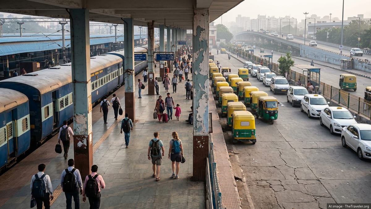 Busy Indian railway station with arriving train, taxis and auto rickshaws outside on a hazy morning.
