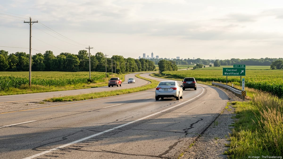 Two-lane Indiana highway at golden hour with cars passing cornfields toward a distant city skyline.