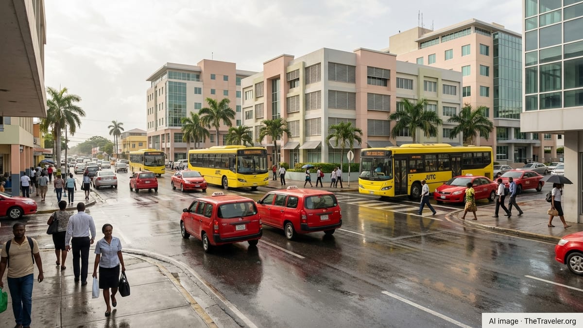 Busy street in New Kingston with buses, taxis and pedestrians on a sunny day