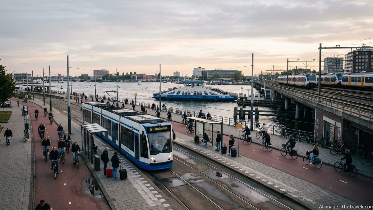 Tram, cyclists and a ferry at a busy Amsterdam waterfront transport hub at dusk.
