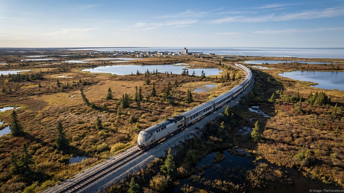 VIA Rail train crossing remote tundra toward Churchill, Manitoba under a clear northern sky.