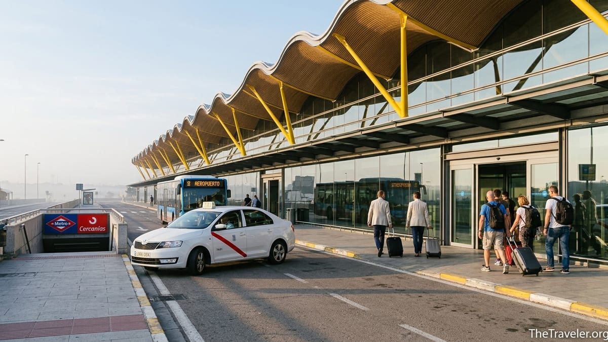 Taxi, bus and travelers outside Madrid Barajas Airport Terminal 4 at dawn