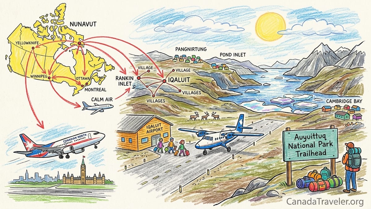 Aircraft approaching Iqaluit Airport over Arctic tundra and Frobisher Bay in Nunavut.