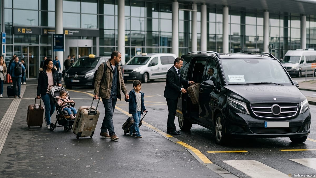 Family with luggage walking to a pre-booked minivan outside a busy airport terminal.