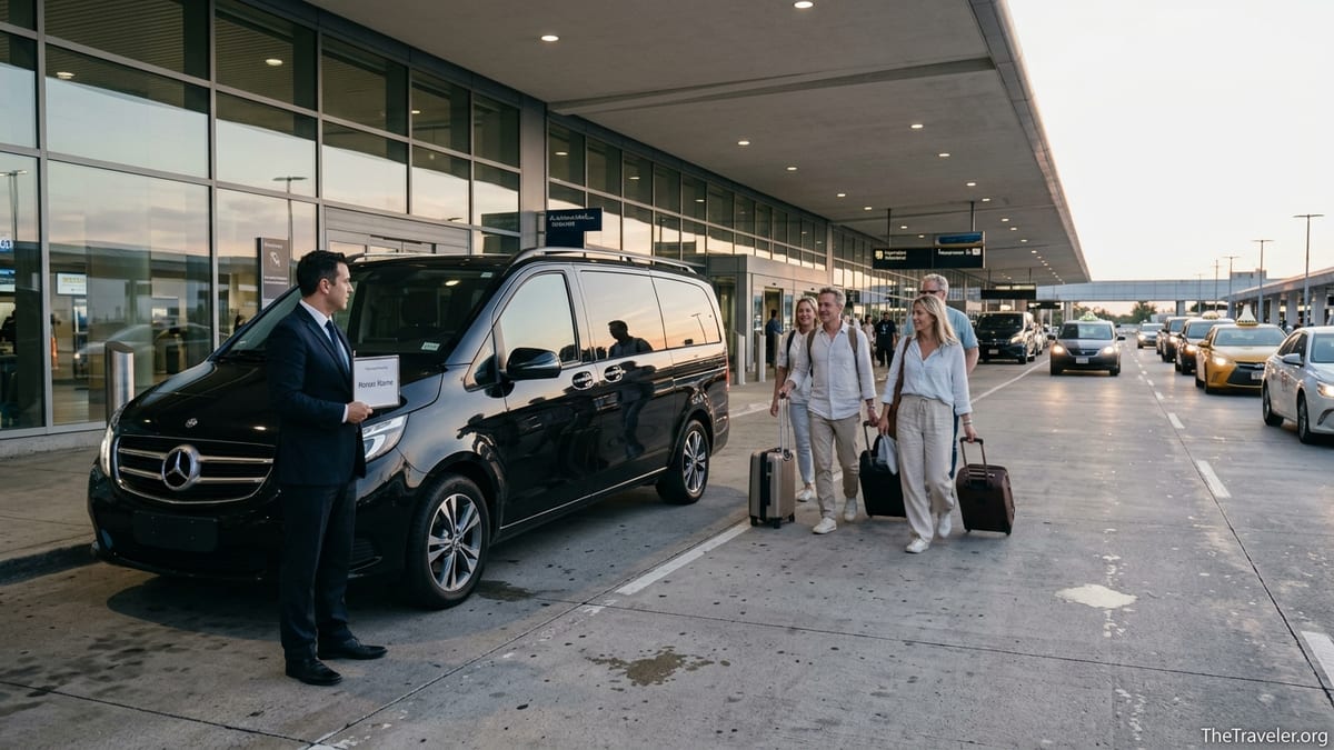 Traveler meeting a private driver with a sign outside an airport terminal at sunset