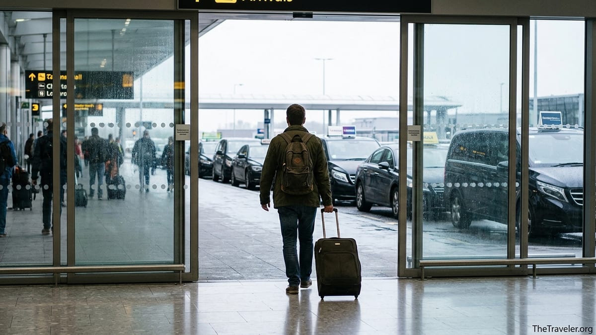 Traveler in an airport arrivals hall walking toward waiting transfer cars outside glass doors.