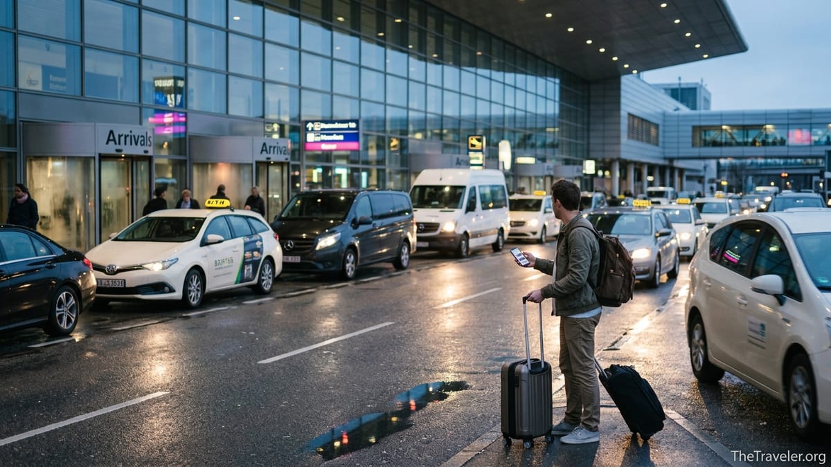 Traveler with luggage checking phone at airport pickup zone among taxis and vans at dusk.