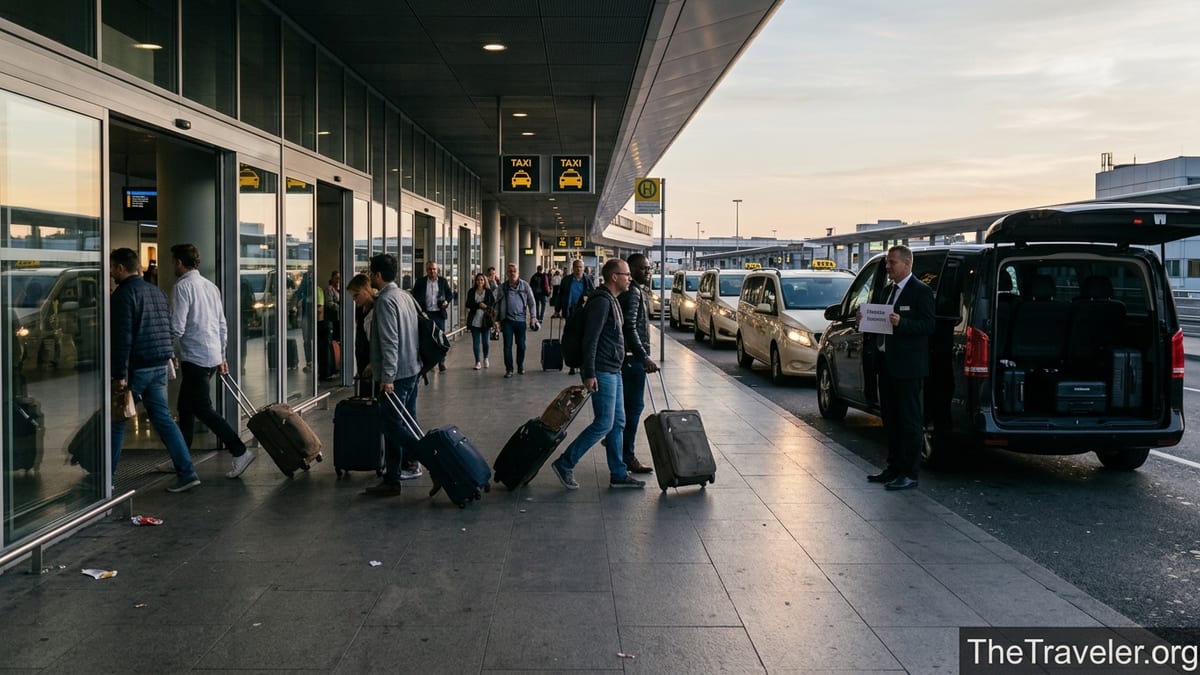 Travelers choosing between airport taxis and a prebooked private transfer outside an arrivals terminal