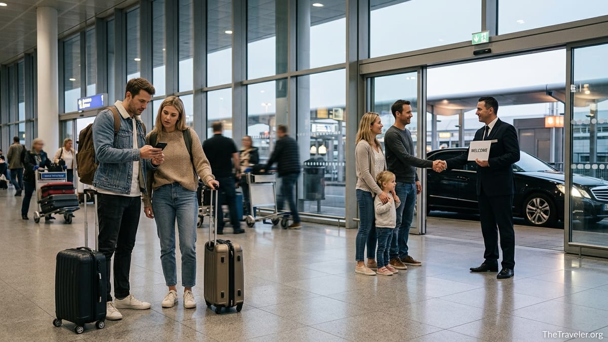 Travelers meeting airport transfer drivers in a busy arrivals hall at a European airport.