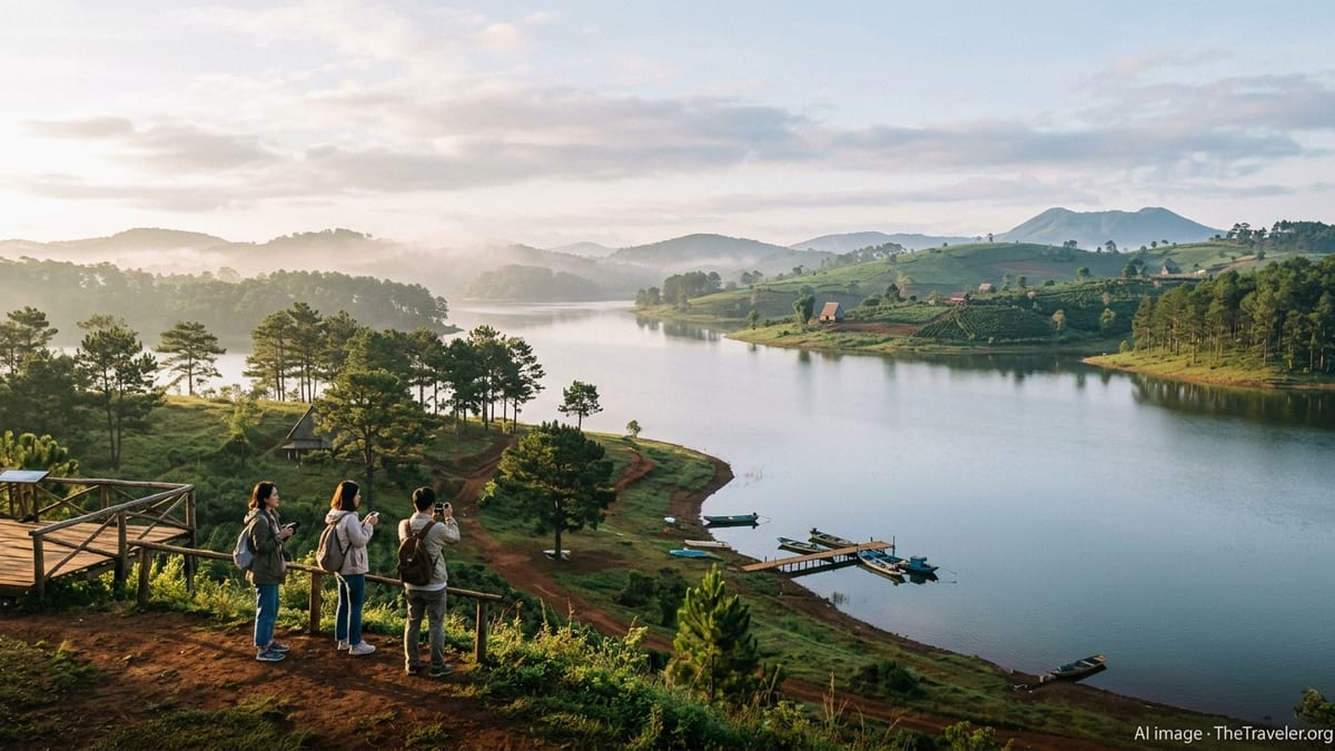 South Korean tourists admire misty Bien Ho lake and pine-covered hills near Pleiku in Gia Lai at sunrise.