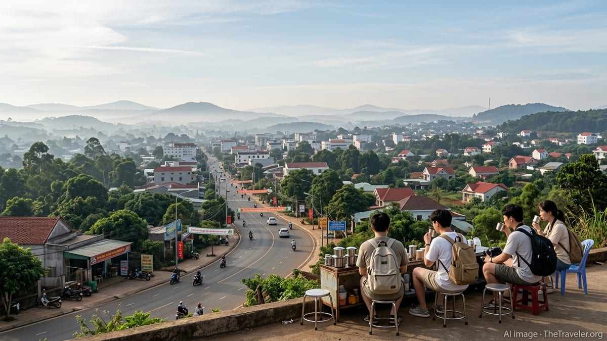 Misty morning view of Pleiku City in Gia Lai with coffee stall and tourists overlooking the Central Highlands landscape.