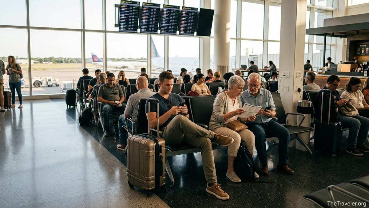 Traveler in an airport lounge checking a mobile data app on their phone before a flight.