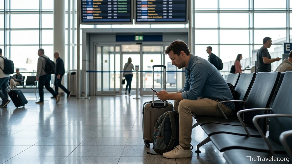 Traveler in an airport terminal setting up mobile data on a smartphone before an international flight.