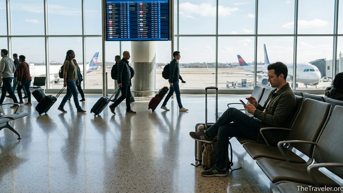 Traveler in an airport checking eSIM on phone before a multi-country trip.