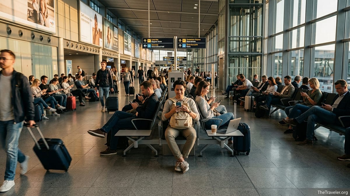 Traveler using a phone with eSIM in a busy international airport departure hall.