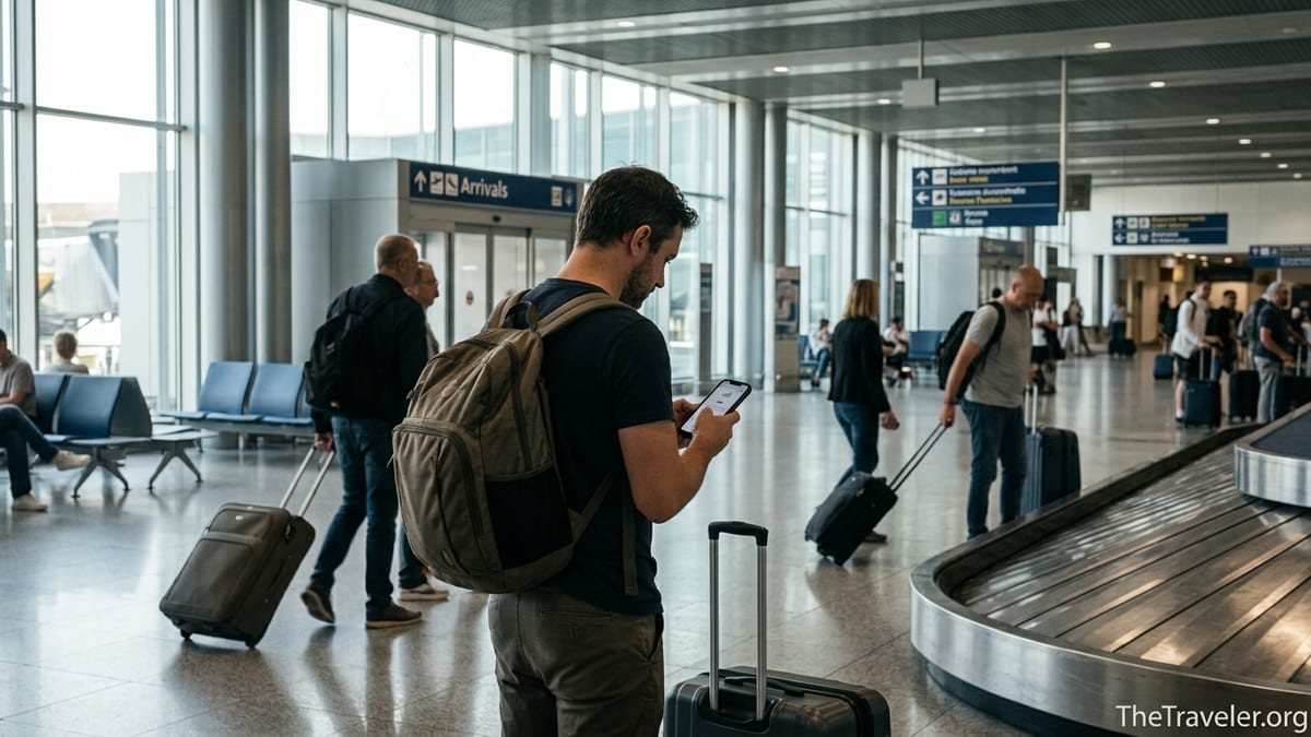 Traveler in an airport arrivals hall checking their phone after activating a travel eSIM.