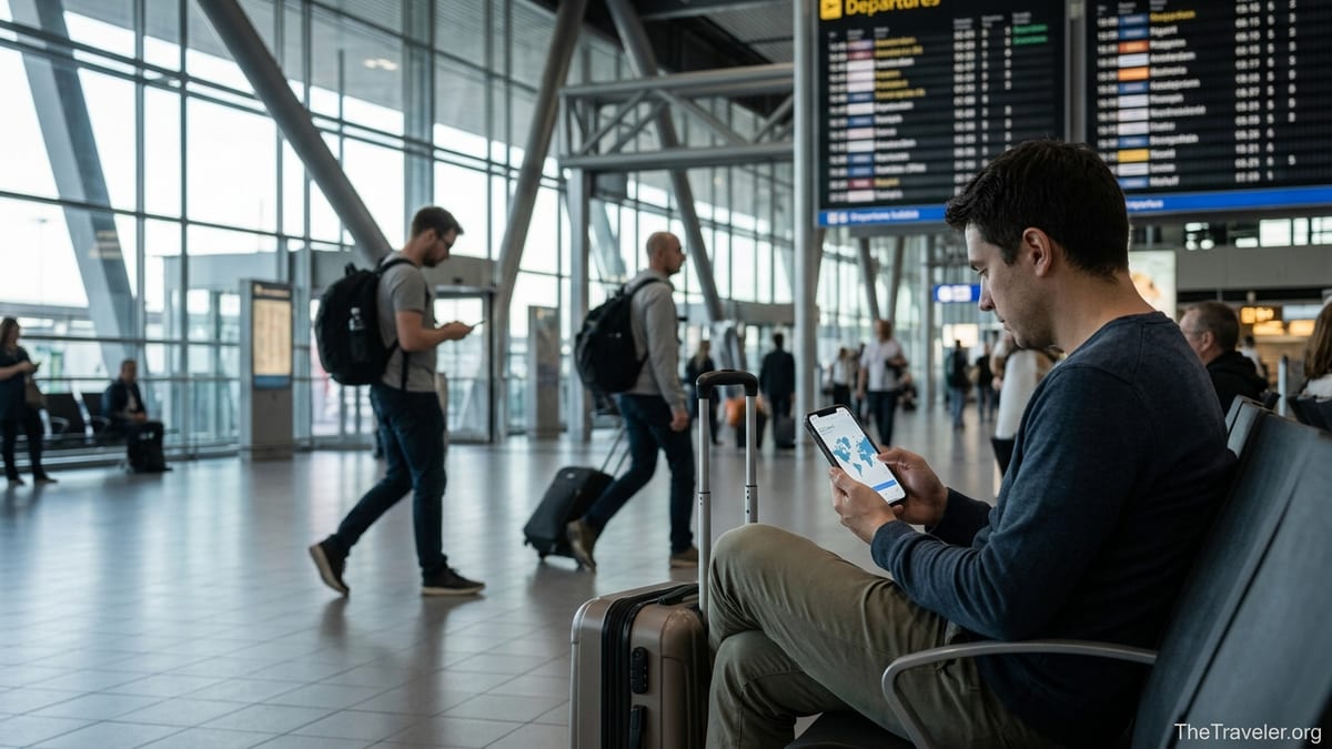 Traveler in an airport departures hall using a smartphone eSIM app before a flight