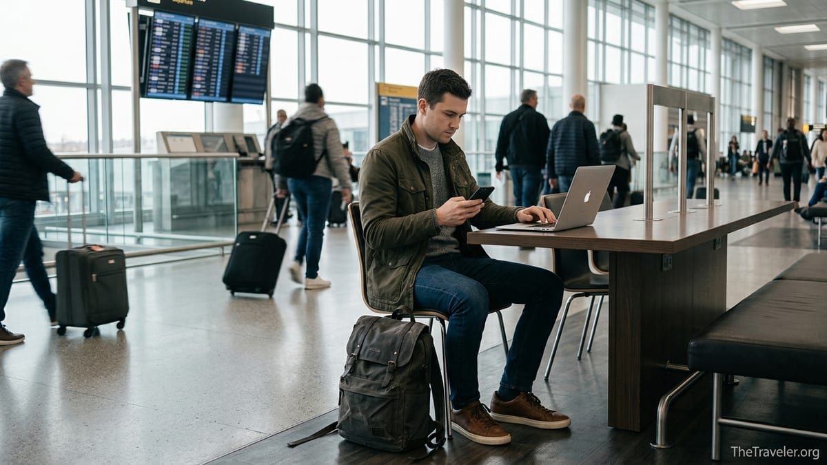 Traveler in airport using smartphone eSIM app beside luggage and laptop.