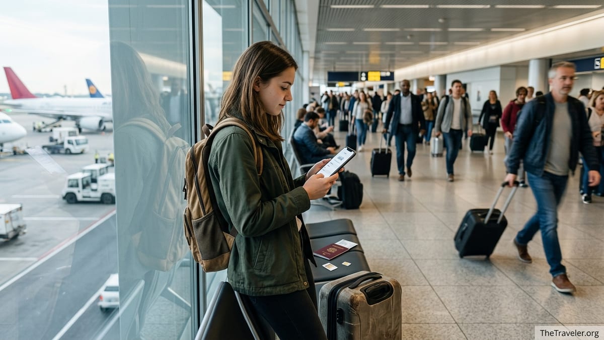 Traveler in an airport using an eSIM on her phone with a passport and unused SIM on the seat.