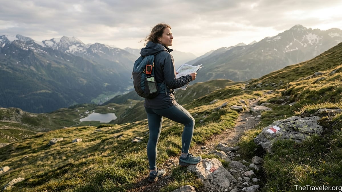 Solo woman hiker checks her map on a marked alpine trail above a mountain valley at golden hour.