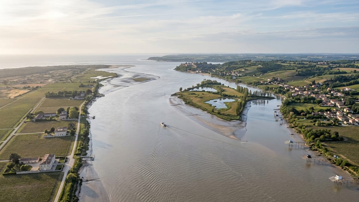 Aerial view of the Gironde estuary in southwestern France on a calm afternoon. 