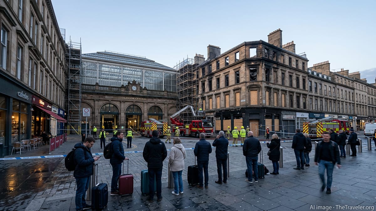 Travellers gather outside closed Glasgow Central station as staff and fire crews work near a fire-damaged building.