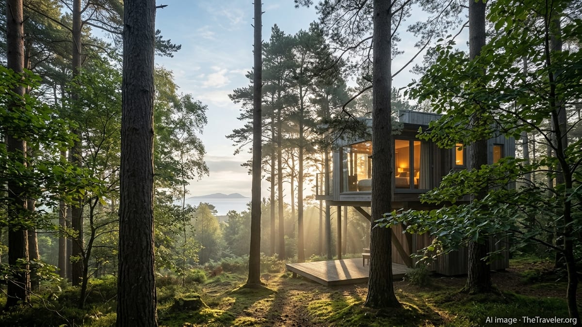Treehouse-style suite nestled among woodland near Glenapp Castle with soft interior lighting at dawn.