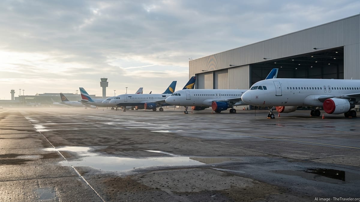 New commercial jets sit parked and idle outside an airport hangar at dawn.