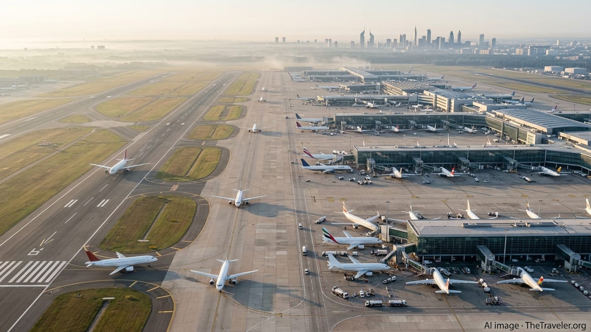 Aerial sunrise view of a busy global airport with crowded runways and terminals.