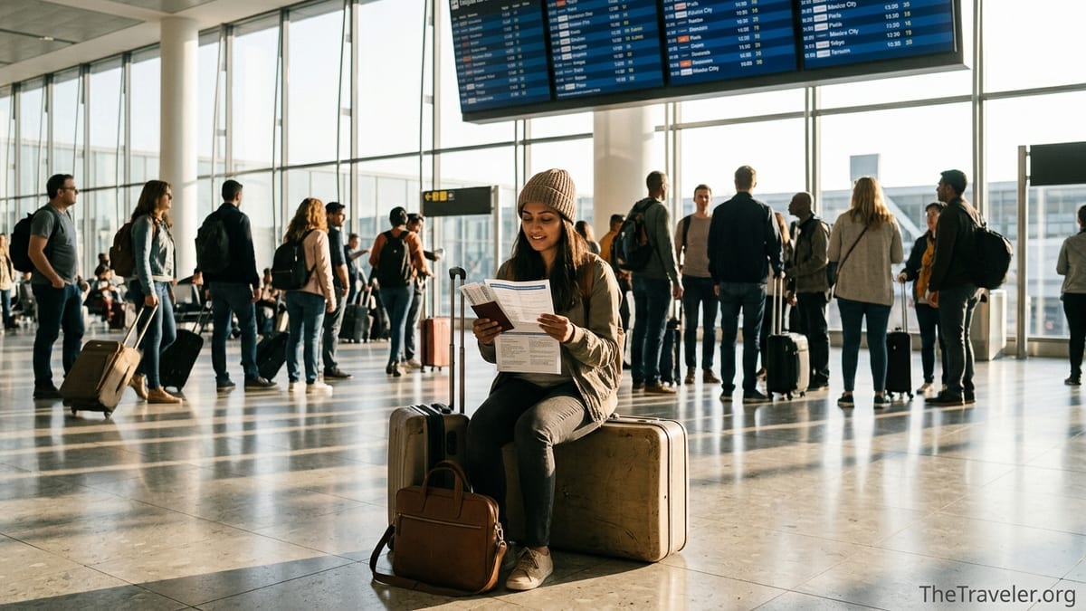 Traveler in a busy international airport holding travel insurance papers and passport.