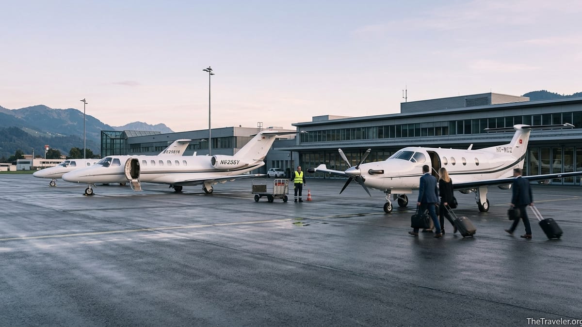 Private jets and a turboprop on a quiet European airport apron at sunrise.