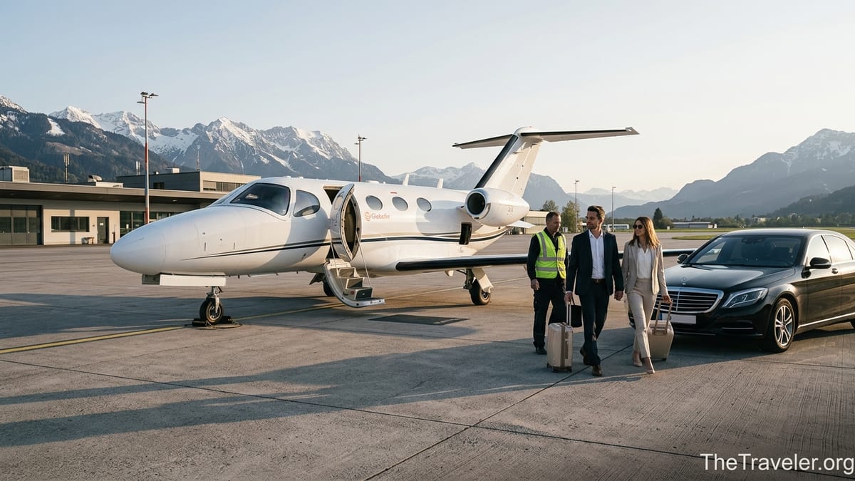Travelers walking toward a GlobeAir light jet at a European airport at sunrise.
