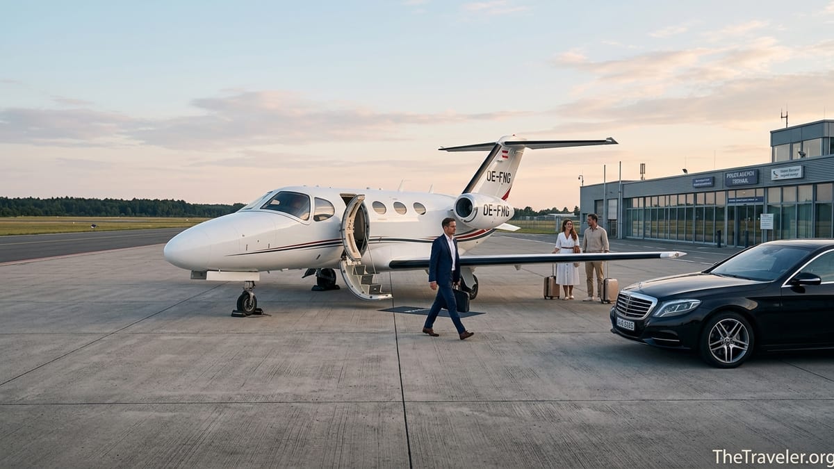 Business and leisure travelers boarding a small private jet at a European regional airport at sunrise.