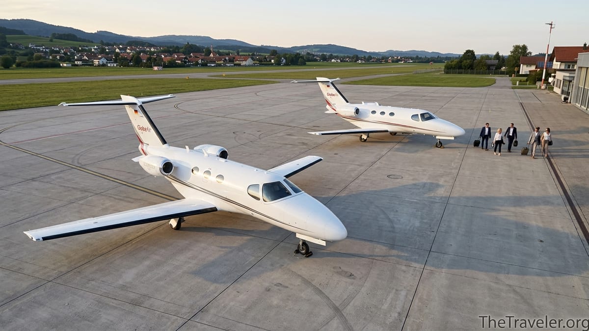 Two GlobeAir Cessna Citation Mustang jets parked on a European airport apron at golden hour.
