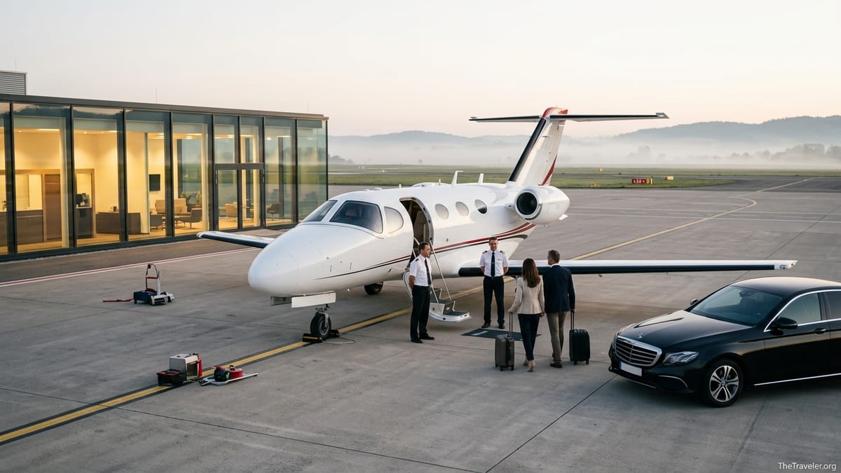 Passengers walking toward a small private jet at sunrise on a European airport apron.