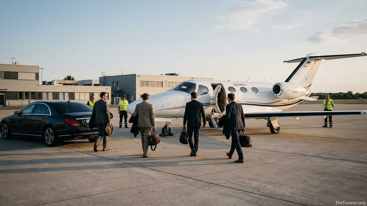 Travelers walking toward a GlobeAir Cessna Citation Mustang at sunset at a European private jet terminal.