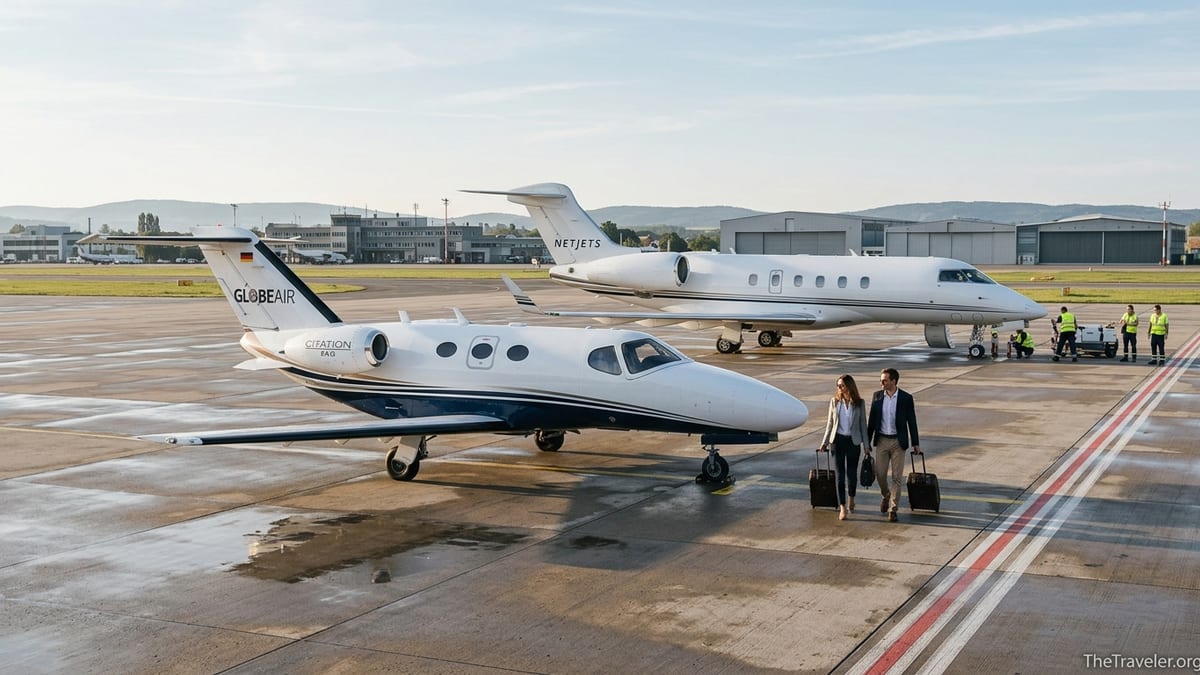 GlobeAir very light jet and a larger NetJets aircraft parked side by side on a European airport apron at sunrise.