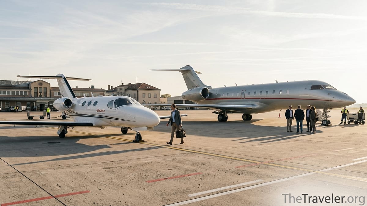 GlobeAir light jet and larger VistaJet-style aircraft parked side by side on a sunlit airport tarmac.