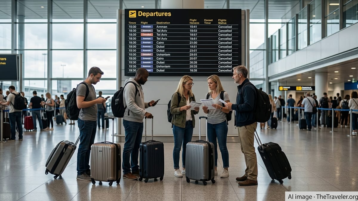 Travelers studying a departures board showing multiple cancelled flights to Middle East destinations in a busy airport hall.