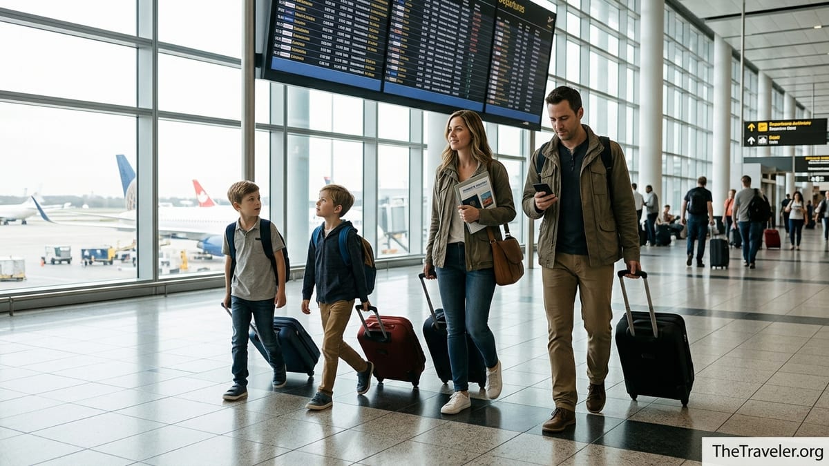 Canadian family walking through an international airport while reviewing travel insurance documents.