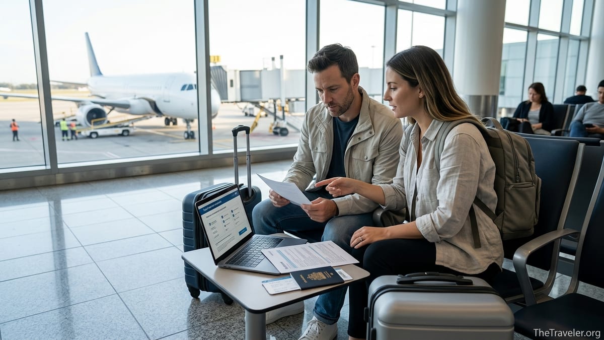 Travelers at an airport gate reviewing printed travel insurance documents beside their luggage.