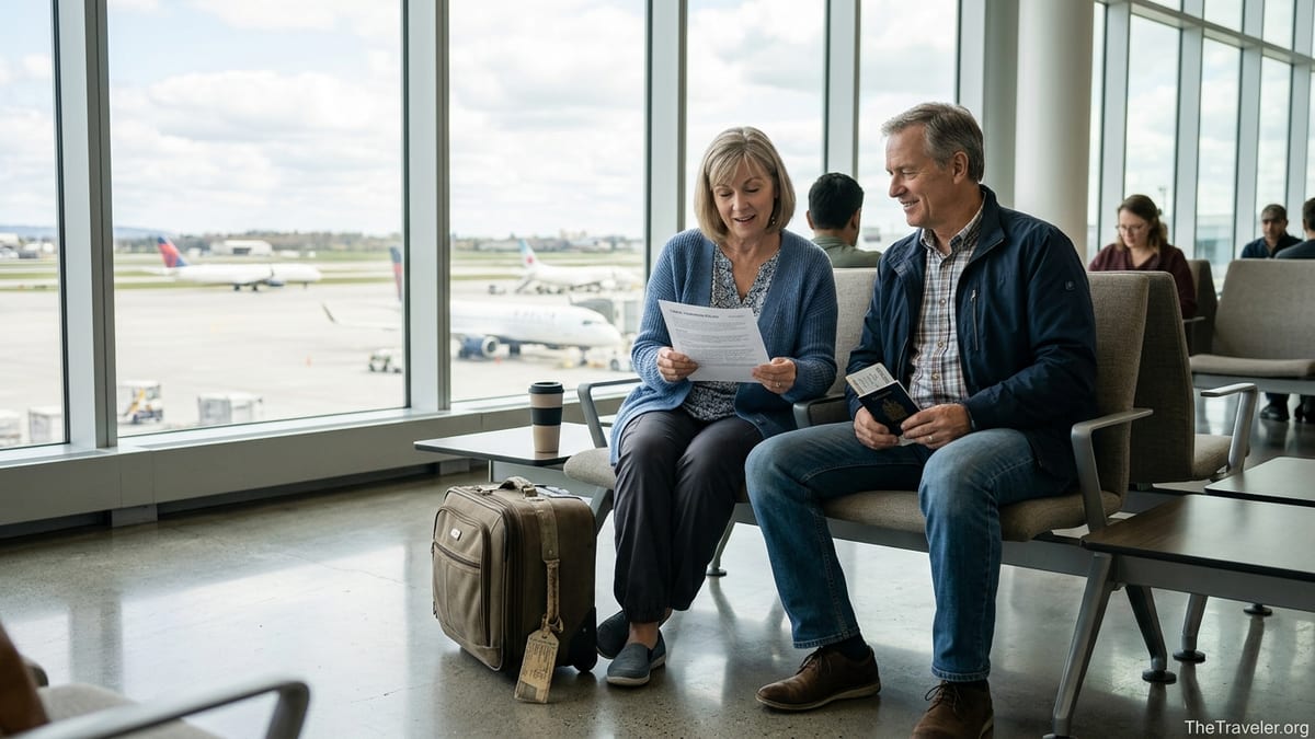 Mature couple reviewing travel insurance papers in a bright airport lounge